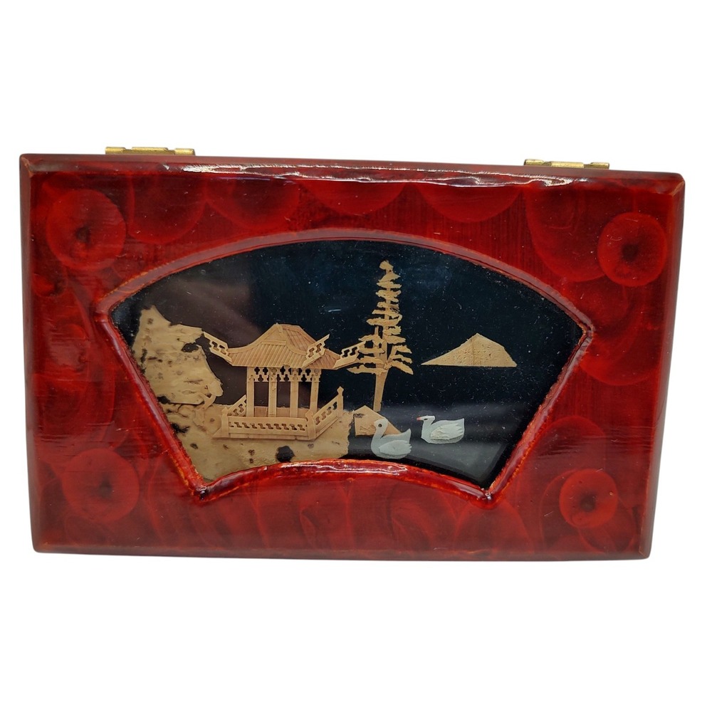 Chinese‎ Jewelry Box Cork Art Lacquer Trinket Box Intricate Red Interior Latch